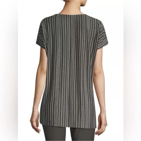 ⭐️ Eileen Fisher 100% Linen Grey & White Striped Boatneck Split Hem Tunic LARGE - Picture 2 of 14